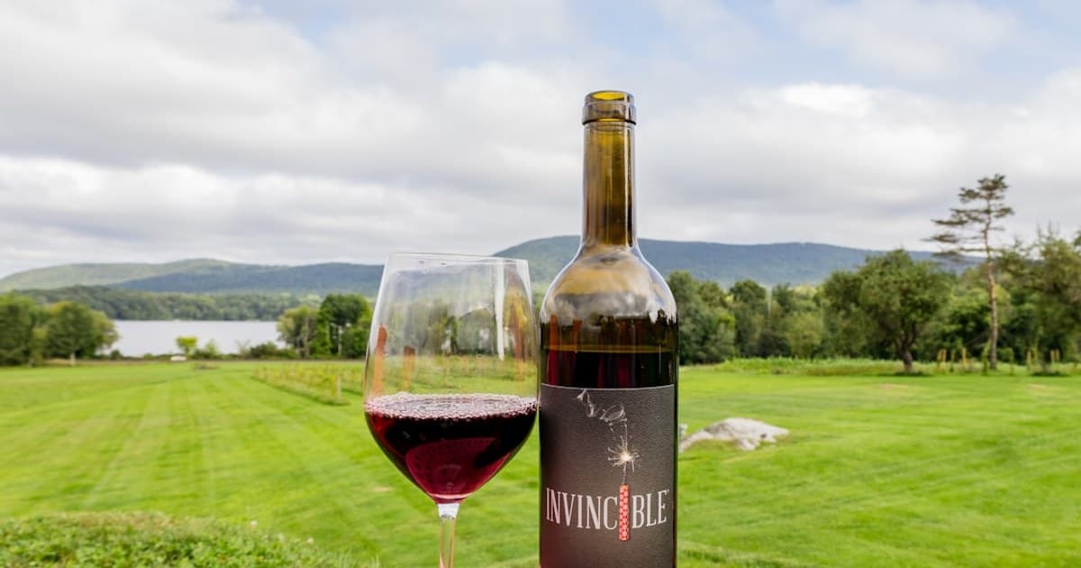 black and red labeled bottle beside wine glass on pink table mat