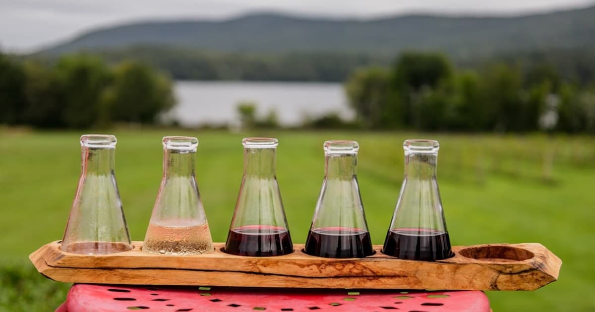 2 clear glass bottles on red table